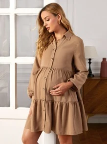 SHEIN Váy Bà bầu Viên lá sen Nút phía trước màu trơn Giải trí - Lạc đà - Xem 5