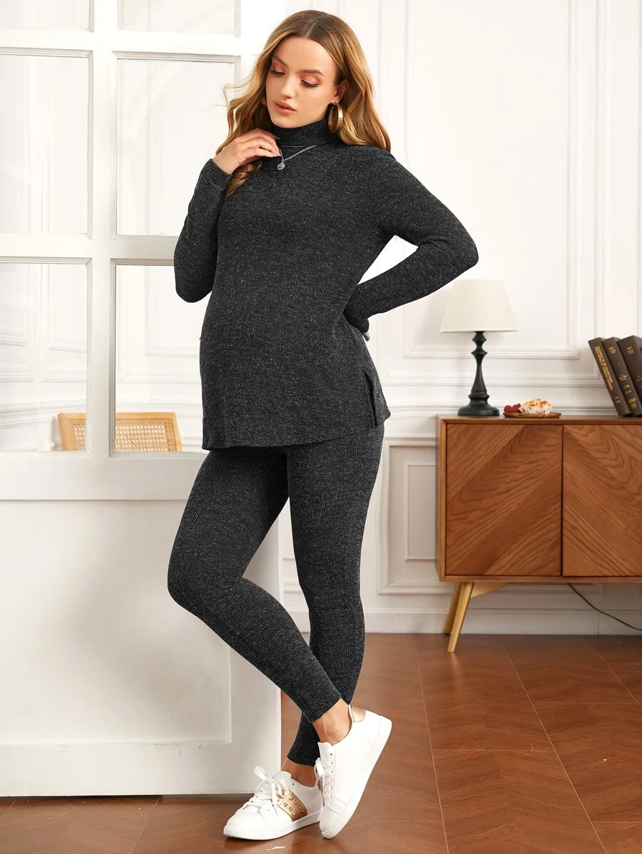 SHEIN Maternity Mock Neck Split Side Rib-Knit Long Sleeve Top & Adjustable Waist Leggings Set, For Winter - Black - View 1