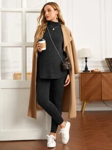 SHEIN Maternity Mock Neck Split Side Rib-Knit Long Sleeve Top & Adjustable Waist Leggings Set, For Winter - Black - View 4