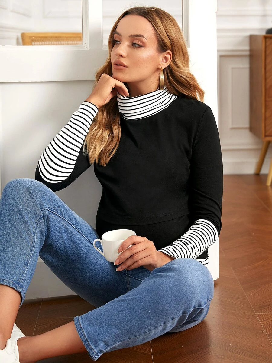 SHEIN Maternity Striped Print Turtleneck 2 In 1 Tee - Black - View 1