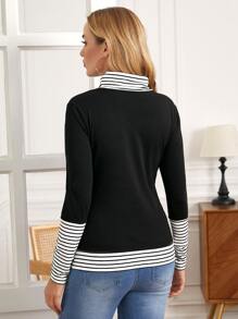 SHEIN Maternity Striped Print Turtleneck 2 In 1 Tee - Black - View 2