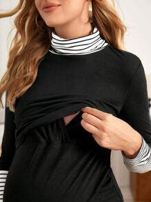 SHEIN Maternity Striped Print Turtleneck 2 In 1 Tee - Black - View 4