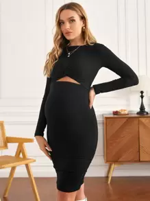 SHEIN Maternity Twist Front Cut Out Bodycon Dress - Black - View 5