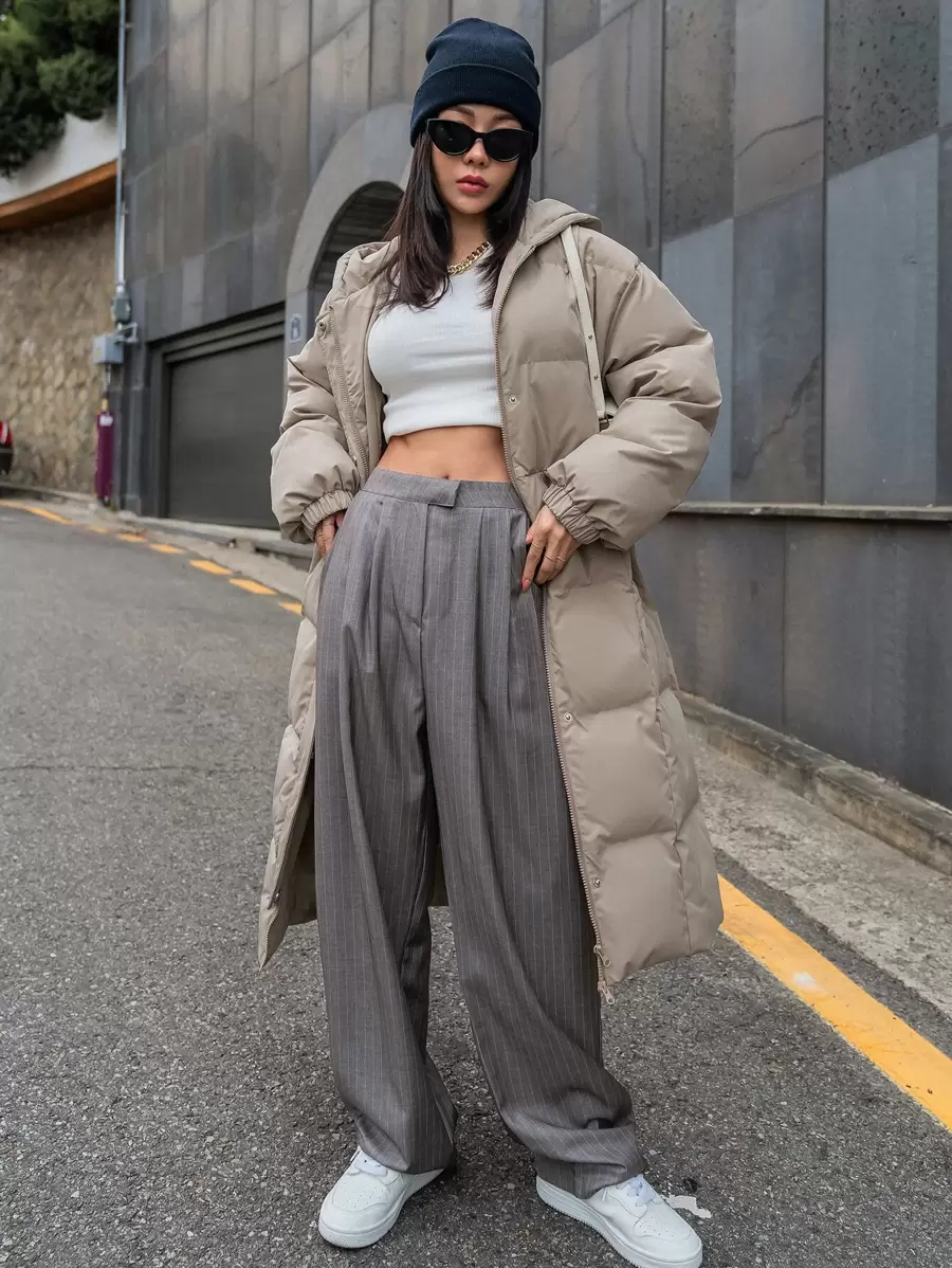 DAZY Drop Shoulder Zipper Hooded Puffer Thick Pockets Coat ,Winter Women Clothes,Winter Coat Women Jacket - Khaki - View 1