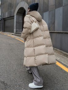 DAZY Drop Shoulder Zipper Hooded Puffer Thick Pockets Coat ,Winter Women Clothes,Winter Coat Women Jacket - Khaki - View 2