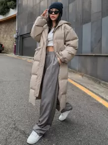 DAZY Drop Shoulder Zipper Hooded Puffer Thick Pockets Coat ,Winter Women Clothes,Winter Coat Women Jacket - Khaki - View 3