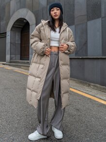 DAZY Drop Shoulder Zipper Hooded Puffer Thick Pockets Coat ,Winter Women Clothes,Winter Coat Women Jacket - Khaki - View 4