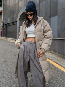 DAZY Drop Shoulder Zipper Hooded Puffer Thick Pockets Coat ,Winter Women Clothes,Winter Coat Women Jacket - Khaki - View 5