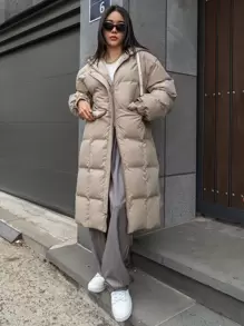 DAZY Drop Shoulder Zipper Hooded Puffer Thick Pockets Coat ,Winter Women Clothes,Winter Coat Women Jacket - Khaki - View 7