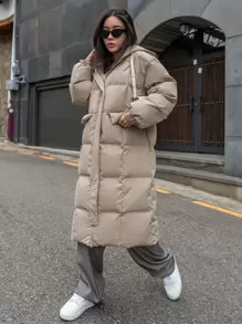 DAZY Drop Shoulder Zipper Hooded Puffer Thick Pockets Coat ,Winter Women Clothes,Winter Coat Women Jacket - Khaki - View 11