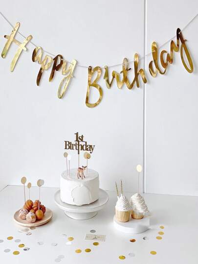 1 conjunto de bandeiras de festa de aniversário, faixa de papel dourada para festa de aniversário, volta às aulas, dia dos namorados