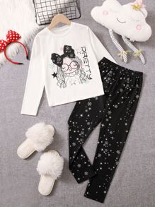 SHEIN Girls Letter & Figure Graphic PJ Set - Black and White - View 1