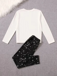 SHEIN Girls Letter & Figure Graphic PJ Set - Black and White - View 2
