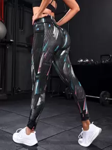 Powerista Digi Pattern Gym Leggings Seamless Tummy Control Training Tights With Fishnet Phone Pocket Yoga Women Pants - Multicolor - View 2