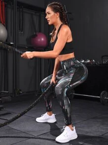 Powerista Digi Pattern Gym Leggings Seamless Tummy Control Training Tights With Fishnet Phone Pocket Yoga Women Pants - Multicolor - View 3