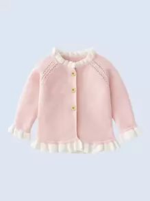 Baby Pearl Flower Pattern Frilled Flounce Sleeve Cardigan - Baby Pink - View 1