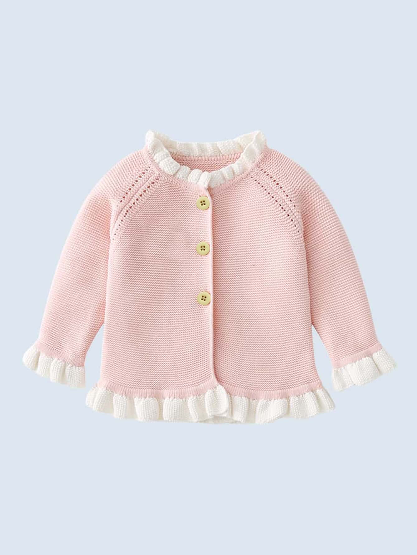 Baby Pearl Flower Pattern Frilled Flounce Sleeve Cardigan - Baby Pink - View 1