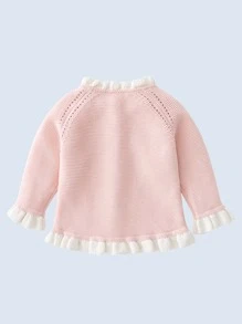 Baby Pearl Flower Pattern Frilled Flounce Sleeve Cardigan - Baby Pink - View 2