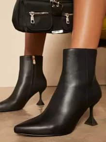 Faux Leather Pointy Toe Side Zipper Booties - Black - View 1