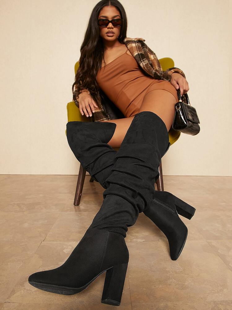 SHUZIA 女士时尚流畅设计仿麂皮粗跟宽松过膝靴 - 黑色 - 查看 3