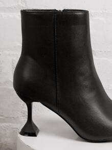 Faux Leather Pointy Toe Side Zipper Booties - Black - View 4