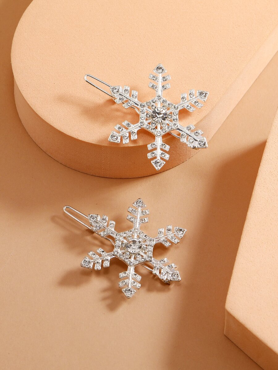 2pcs Rhinestone Snowflake Decor Minimalist Hair Clip - Silver - View 1
