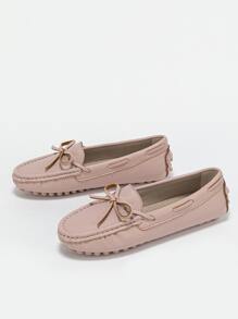 女士粉色時髦蝴蝶結細節素色樂福鞋帶車縫線和蝴蝶結裝飾平底鞋 - 粉色 - 查看 3