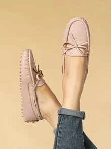 女士粉色時髦蝴蝶結細節素色樂福鞋帶車縫線和蝴蝶結裝飾平底鞋 - 粉色 - 查看 2