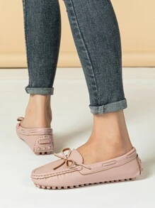 女士粉色時髦蝴蝶結細節素色樂福鞋帶車縫線和蝴蝶結裝飾平底鞋 - 粉色 - 查看 4
