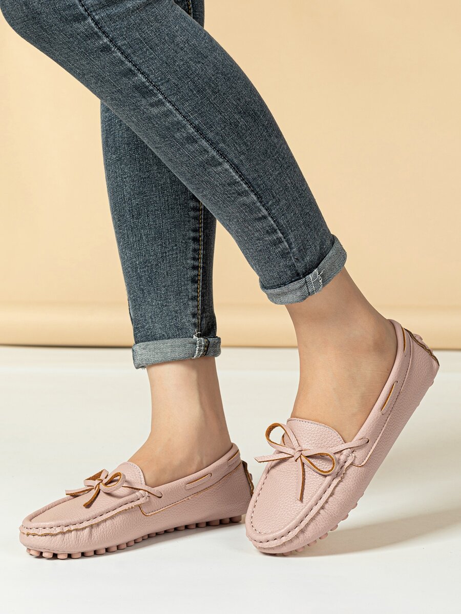 女士粉色時髦蝴蝶結細節素色樂福鞋帶車縫線和蝴蝶結裝飾平底鞋 - 粉色 - 查看 1