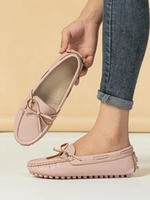 女士粉色時髦蝴蝶結細節素色樂福鞋帶車縫線和蝴蝶結裝飾平底鞋 - 粉色 - 查看 5