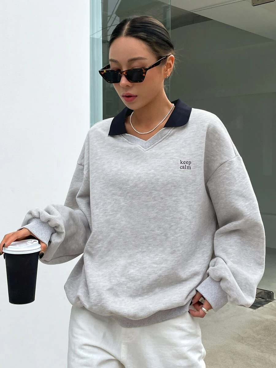 DAZY Slogan Graphic Contrast Collar Drop Shoulder Sweatshirt,Fall Women Clothes - Light Grey - View 1