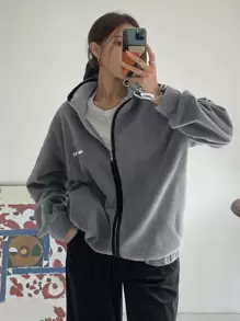 DAZY Letter Embroidery Zip Up Drop Shoulder Hooded Fleece Jacket - Light Grey - View 1