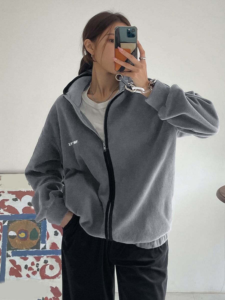 DAZY Letter Embroidery Zip Up Drop Shoulder Hooded Fleece Jacket - Light Grey - View 1