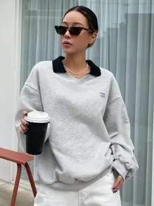 DAZY Slogan Graphic Contrast Collar Drop Shoulder Sweatshirt,Fall Women Clothes - Light Grey - View 3