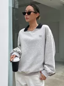 DAZY Slogan Graphic Contrast Collar Drop Shoulder Sweatshirt,Fall Women Clothes - Light Grey - View 5