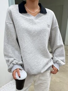 DAZY Slogan Graphic Contrast Collar Drop Shoulder Sweatshirt,Fall Women Clothes - Light Grey - View 6