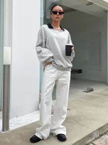 DAZY Slogan Graphic Contrast Collar Drop Shoulder Sweatshirt,Fall Women Clothes - Light Grey - View 8