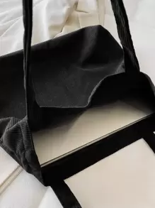 轻便，商务休闲简约灯芯绒单肩托特包，适合少女、女大学生、新秀和白领人士，非常适合办公室、大学、工作、商务、通勤、户外、旅行、郊游，书包，大容量，经典休闲，可折叠，便携，适合少女、女大学生，非常适合返校、开学第一天、初中、高中、购物 - 黑色 - 查看 2