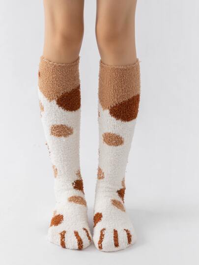 Cartoon Paw Pattern Fuzzy Over The Calf Socks, Fluffy Socks