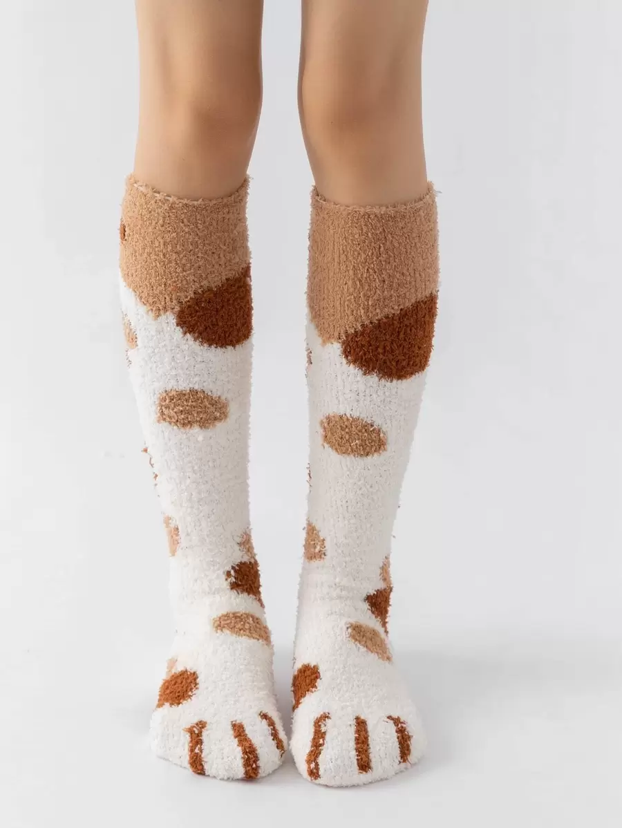 Cartoon Paw Pattern Fuzzy Over The Calf Socks, Fluffy Socks - Multicolor - View 1