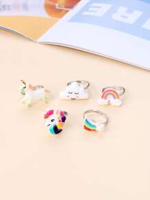 5入組/套雲朵彩虹獨角獸馬形樹脂和貝殼材料環適合女孩帶塑膠盒包裝,適用於日常穿著 - 彩色 - 查看 1