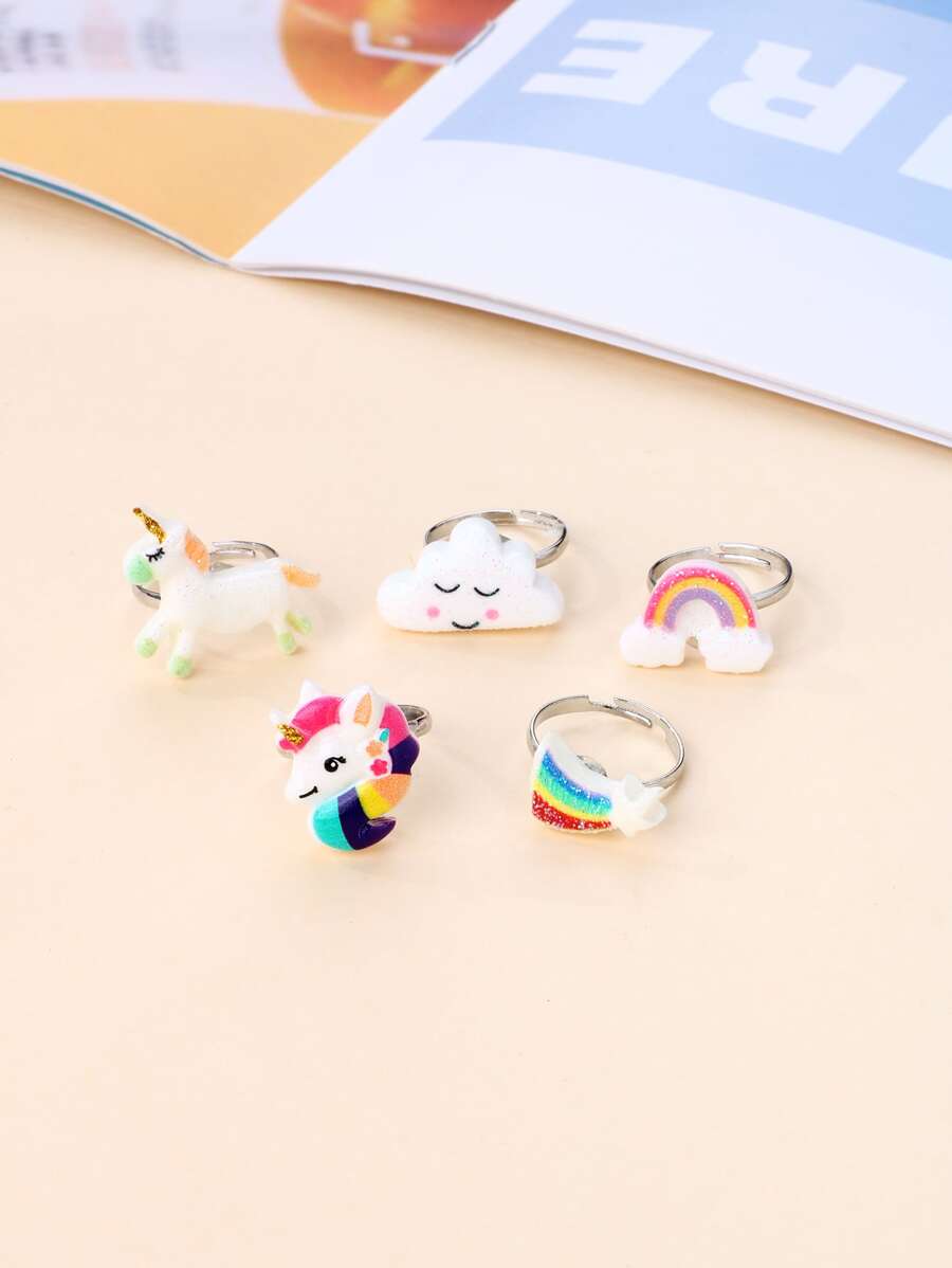 5入組/套雲朵彩虹獨角獸馬形樹脂和貝殼材料環適合女孩帶塑膠盒包裝,適用於日常穿著 - 彩色 - 查看 1