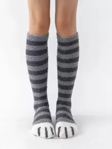 Paw & Striped Pattern Over The Calf Fluffy Socks, Cozy - Dark Grey - View 2