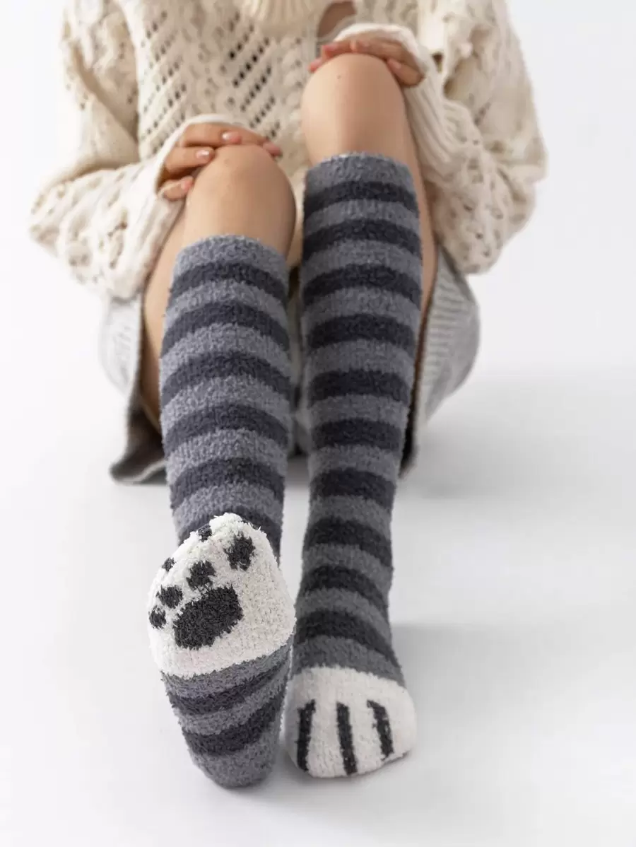 Paw & Striped Pattern Over The Calf Fluffy Socks, Cozy - Dark Grey - View 1