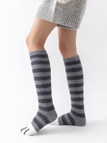 Paw & Striped Pattern Over The Calf Fluffy Socks, Cozy - Dark Grey - View 3