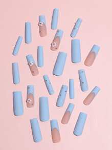 轉換你指甲片帶24入組長款棺材藍色法語水鑽花朵裝飾假指甲和1入組指甲銼和1張膠帶 - 淺藍色 - 查看 4