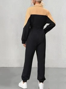 SHEIN Essnce Two Tone Drop Shoulder Belted Shirt Jumpsuit - Black - View 3
