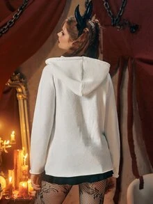 素色小絨球連帽套頭毛衣 - 白色 - 查看 2