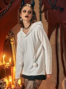 素色小絨球連帽套頭毛衣 - 白色 - 查看 3